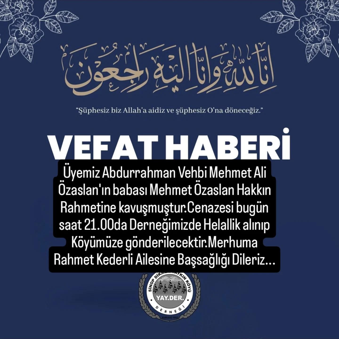 Mehmet Özaslan Vefat Haberi